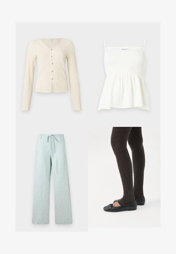 Cárdigan de manga larga color marfil con un patrón de punto texturizado, que presenta un escote en V y cinco botones metálicos en la parte delantera. Bajo con borde festoneado.; Top blanco sin mangas con cuerpo fruncido, tirantes finos y bajo acampanado, etiquetado "Even&Odd" en el pecho.; Pantalones anchos de color verde claro, hechos de una tela texturizada. Cuentan con una cintura con cordón y un cierre de botón, con rayas verticales en toda su superficie.; Piernas con leggings oscuros acanalados combinados con bailarinas negras que presentan pequeños detalles de lazo sobre un fondo blanco.
