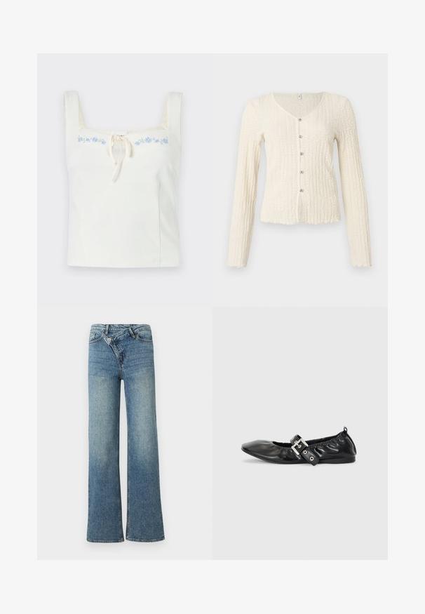 Cardigan à manches longues couleur ivoire avec un motif tricoté texturé, doté d'un col en V et de cinq boutons métalliques sur le devant. Ourlet festonné.; Crop top blanc sans manches avec encolure carrée, lien à l'avant et délicate broderie florale bleue sur le haut de la poitrine.; Jean en denim bleu clair à jambes larges avec une taille haute, un délavage clair et une fermeture à bouton à l'avant. Comprend cinq poches et des coutures minimales.; Chaussure plate en cuir noir avec un nez pointu, des détails froncés autour de l'ouverture et un accent en boucle argentée sur la bride ajustable.