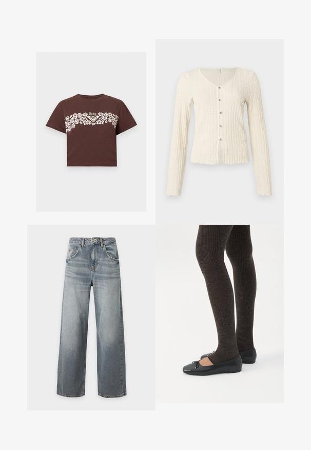 Cardigan à manches longues couleur ivoire avec un motif tricoté texturé, doté d'un col en V et de cinq boutons métalliques sur le devant. Ourlet festonné.; T-shirt crop marron avec motif floral blanc sur la poitrine et logo "Roxy" au centre.; Jean bleu clair à jambes larges avec effet délavé, fermeture devant par bouton et zip, poches avant et arrière, passants pour ceinture, posé à plat sur fond blanc.; Jambes portant des leggings côtelés foncés associés à des ballerines noires avec de petits détails en nœud sur fond blanc.
