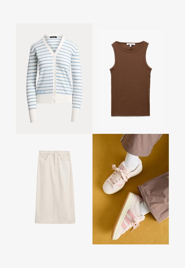 Wit en lichtblauw horizontaal gestreepte cardigan met V-hals, knoopsluiting aan de voorkant, lange mouwen en geribde boorden en zoom.; Bruine geribbelde tanktop met een ronde halslijn, zonder mouwen en een rechte zoom. Gemaakt van zachte, rekbare stof.; Beige denim rok van halflange lengte met knopen aan de voorkant, riemlussen, twee voorzakken en een rechte snit.; Roze suède sneakers met bijpassende strepen, witte veters en een crèmekleurige zool. Gecombineerd met witte sokken en losse bruine broeken op een gele achtergrond.