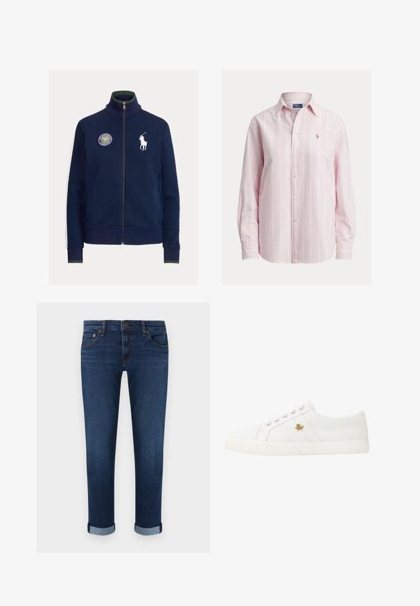 Marineblaue Jacke mit Reißverschluss und hohem Kragen, weißem besticktem Pferdelogo, lila Wimbledon-Patch und kontrastierenden weißen Streifen an den Seiten. Weiche Stoffstruktur.; Langärmliges Hemd mit Knöpfen in Hellrosa mit weißen und blauen Streifen, versehen mit einem kleinen gestickten Logo auf der Brust, aus Baumwollstoff gefertigt.; Dunkelblaue Jeans aus Denim mit hochgekrempelten Beinabschlüssen, Vordertaschen, Gürtelschlaufen und einem Knopfverschluss.; Lauren Ralph Lauren JANSON II CANVAS SNEAKER - Sneaker low - optic white