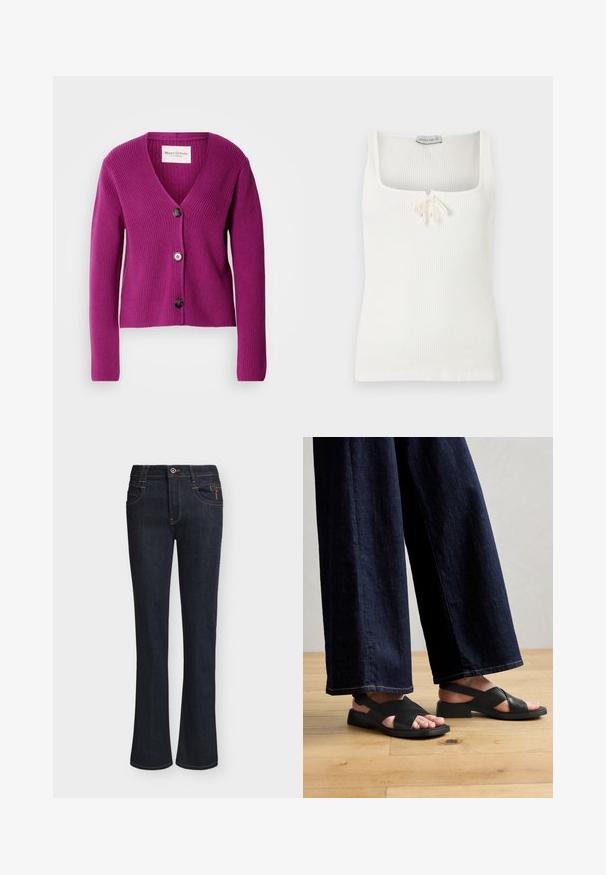 Lila gerippter Cardigan mit V-Ausschnitt, langen Ärmeln und drei schwarzen Knöpfen an der Vorderseite. Strukturiertes Material für zusätzliche Wärme und Details.; Weißes, geripptes ärmelloses Tanktop mit quadratischem Ausschnitt und kleinem, mittig vorne gebundenem Schleifendetail.; Dunkelblaue Jeans aus Denim mit leicht ausgestellten Hosenbeinen, Vorderknopf- und Reißverschluss, Vorderentaschen und sichtbaren Nahtdetails.; Schwarze Leder-Sandalen mit einem Überkreuz-Design, flacher Sohle und minimalem Zubehör, kombiniert mit weit geschnittenen dunklen Jeanshosen.