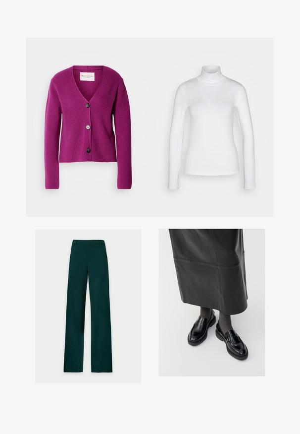 Cardigan violette à côtes avec un col en V, des manches longues et trois boutons noirs à l'avant. Tissu texturé pour plus de chaleur et de détails.; Chemise à col roulé blanc à manches longues en tissu lisse et extensible. Offre une coupe ajustée et un col haut. Pas de motifs ni d'accents visibles.; Pantalon vert foncé à jambes droites, passants de ceinture, fermeture éclair à l'avant et jambes larges, posé à plat sur un fond blanc.; Mocassins en cuir noir avec une finition lisse, ornés d'une bande décorative, à bout rond et avec une semelle texturée. Portés avec une longue jupe en cuir noir.