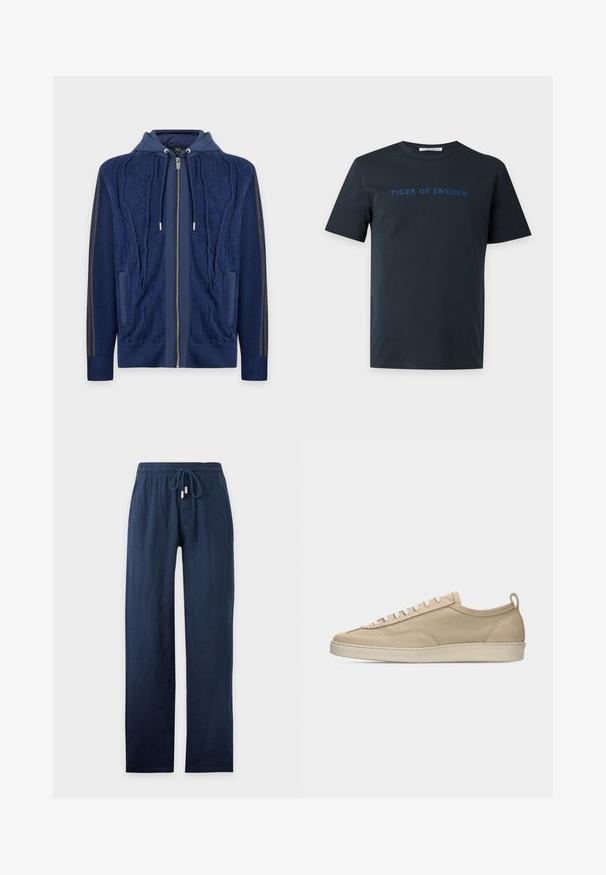 Sweat à capuche zippé bleu marine avec devant en maille torsadée, capuche à cordon, poches latérales et détails rayés sur les manches sur fond blanc.; T-shirt noir à manches courtes et col rond avec "TIGER OF SWEDEN" imprimé en bleu sur la poitrine.; Pantalon bleu marine à jambes droites avec taille élastique et cordon de serrage, en tissu léger.; Baskets beige basses avec tige en tissu et daim, lacets blancs, semelle en caoutchouc et languette à l'arrière, présentées en profil latéral sur fond blanc.