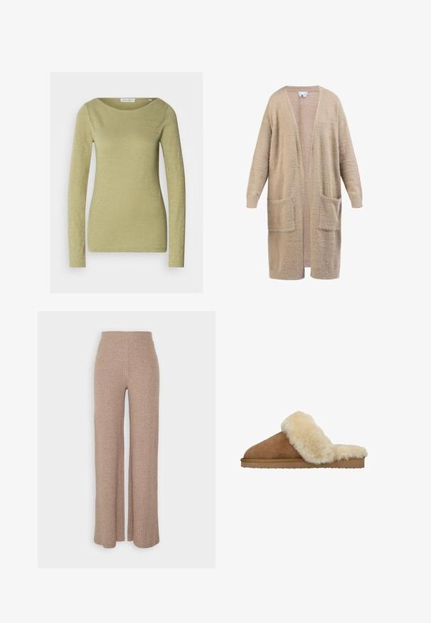 Lange beige open-front cardigan met lange mouwen en twee voorzakken, gemaakt van zacht gestructureerd stof.; Langemouwige top in licht olijfgroen, gemaakt van een zachte, gestructureerde stof. Heeft een brede halslijn en een aansluitende silhouet.; Beige geribbelde wijde broek met een hoge tailleband en zachte textuur, met een losse pasvorm en zonder zichtbare sluitingen.; Manfield Muiltjes - cognac
