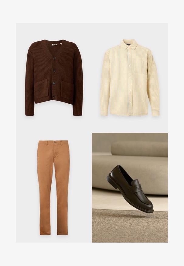 Cardigan brun côtelé avec un décolleté en V, des poches avant et des boutons noirs ; fabriqué en tissu texturé doux dans un design court.; Chemise à rayures jaunes et bleu clair à boutons, avec col, manches longues et une poche poitrine. Matière coton, texture douce.; Chinos en coton marron avec une coupe slim, dotés d'une fermeture à bouton, de poches latérales et d'une texture lisse.; Un seul mocassin en cuir brun foncé flottant au-dessus d’un tapis texturé beige, avec un canapé beige flou en arrière-plan.