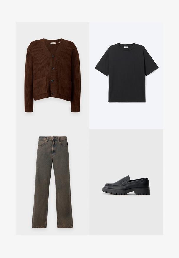 Cardigan brun côtelé avec un décolleté en V, des poches avant et des boutons noirs ; fabriqué en tissu texturé doux dans un design court.; T-shirt noir à manches courtes avec col rond, coupe décontractée, vue de face, design uni et étiquette de la marque Weekday visible à l’intérieur du col.; Jeans droits couleur marron délavé avec poches avant, fermeture à bouton et passants de ceinture, présentés sur un fond blanc.; Mocassins en cuir noir avec un bout arrondi, présentant une sangle décorative et une semelle en caoutchouc épaisse avec de profonds crampons pour une meilleure adhérence.