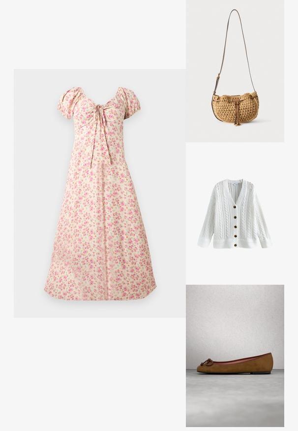 Hvid strikket cardigan med kabel- og åben strukturmønstre, V-udskæring, lange ærmer og fem brune knapper ned foran.; Creme midi-kjole med puffede ærmer, pink blomsterprint, rynket balkonette og bindedetalje foran i midten.; Brune ruskinds ballerina med afrundet tå, med en knyttet detalje på fronten, tynd rød kant og en flad sort sål.; Lille tanfarvet vævet skuldertaske med justerbar brun læderstrop og læderdetalje foran hængende mod hvid baggrund.