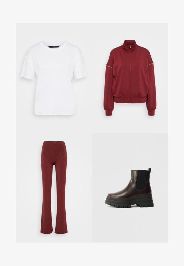ONLY Tall ONLMILA ZIP LOOSE - Sudadera con cremallera - cabernet/cloud dancer; Camiseta blanca de manga corta hecha de algodón. Presenta un escote redondo y un corte relajado, con un diseño sencillo y sin patrones ni acentos visibles.; Pantalones acampanados burdeos en tejido elástico, con una superficie texturizada que presenta pequeños patrones de puntos en color plata por toda su extensión.; Botín de cuero marrón hasta el tobillo con paneles laterales elásticos, suela plataforma negra robusta y tirador. Presenta un acabado suave y una suela de goma con relieve.