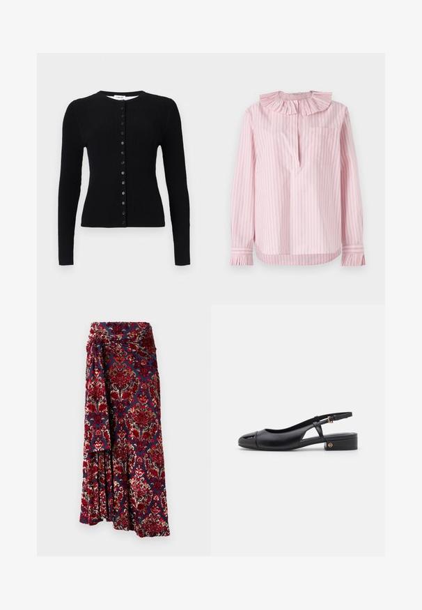 Cárdigan negro de punto acanalado de manga larga con cuello redondo y una hilera vertical de botones negros en la parte delantera.; Camisa a rayas de color rosa claro con cuello y puños con volantes, único bolsillo en el lado izquierdo, hecha de suave tela de algodón.; Rabanne Falda larga - tapestry/navy/burgundy/red/cream; Zapato de piel negra tipo slingback con punta redondeada, tacón bajo y un diseño de corte lateral con un acento en tono dorado.