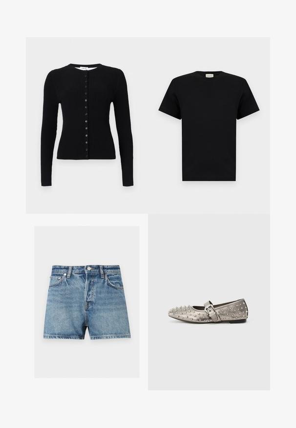 Cardigan noir en maille côtelée à manches longues avec encolure ronde et une rangée verticale de boutons noirs sur le devant.; T-shirt noir à manches courtes et col rond avec une petite étiquette blanche au niveau du col affichant le nom de la marque "CLOSED."; Short en denim bleu avec bouton à l'avant, passants de ceinture, poches avant et coutures visibles sur un fond uni clair.; Chaussure plate grise à bout rond, ornée de clous métalliques, avec une sangle latérale présentant un détail de boucle en argent. Texture lisse.