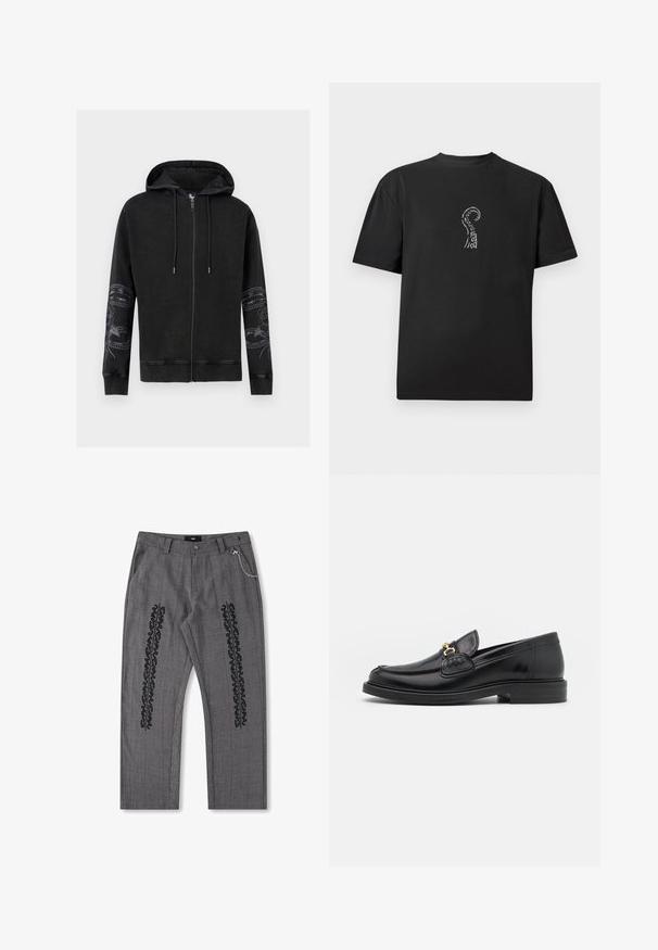 Sweat à capuche noir zippé avec capuche à cordon et motifs floraux de serpent sur les deux manches, poignets et ourlet côtelés, présenté sur un fond blanc.; T-shirt en coton noir avec un motif de tentacule de pieuvre blanche sur le côté gauche de la poitrine. Coupe décontractée avec manches courtes et col rond.; Pantalons à carreaux gris avec des détails en texte noir sur les côtés, présentant un accent de chaîne sur la taille. Conception à jambe droite, tissu texturé.; Mocassins en cuir noir avec un embout rond, présentant des accents en métal doré et des détails de couture, montés sur une semelle en caoutchouc texturé et basse.