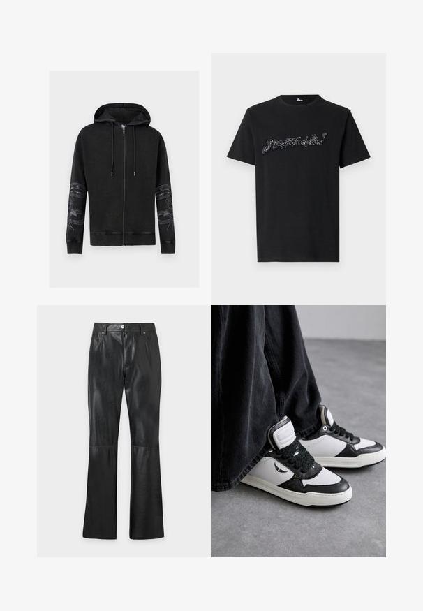 Sudadera negra con capucha y cremallera, cordón ajustable en la capucha y diseños florales de serpientes en ambas mangas, puños y dobladillo acanalados, mostrada sobre fondo blanco.; Camiseta negra de algodón con un diseño gráfico estilizado en blanco en el pecho. Mangas cortas, cuello redondo y corte holgado.; Pantalones rectos de cuero sintético negro con bolsillos delanteros, pasadores para cinturón y cierre de botón y cremallera.; Zapatillas altas en blanco y negro con un detalle de cordón negro texturizado, material de cuero y sintético, con un logo en el lado.