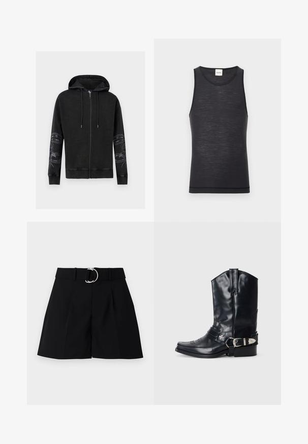 Sweat à capuche noir zippé avec capuche à cordon et motifs floraux de serpent sur les deux manches, poignets et ourlet côtelés, présenté sur un fond blanc.; Débardeur noir sans manches en matériau léger, avec un col rond et une texture subtile, doté d'un détail d'ourlet contrasté.; Shorts noirs ajustés en tissu tissé. Présentent une large taille avec une boucle circulaire en argent, des plis à l'avant et une coupe droite.; Botte de cowboy en cuir noir avec un bout pointu, une tige haute, des coutures décoratives et une quincaillerie en argent sur la sangle. Fini texturé.