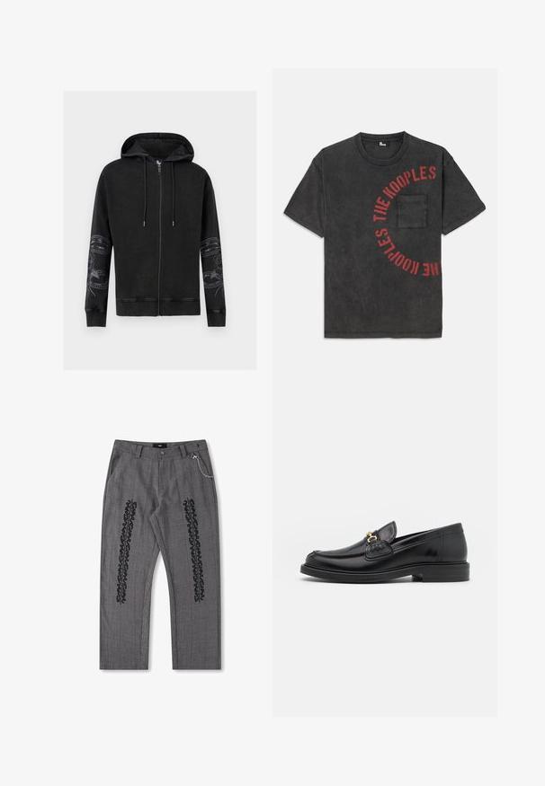 Sort lynlåshoodie med snøre til hætten og blomster-slange-prints på begge ærmer, med ribkanter ved ærmekanter og kant, vist på hvid baggrund.; Sort bomulds T-shirt med en rund grafisk tekst i rød, der står "THE KOOPLES", med en frontlomme og en afslappet pasform.; Grå rutet bukser med sort tekstdetalje langs siderne, prydet med en kædeaccent i taljen. Bukserne har lige ben og er lavet af struktureret stof.; Sorte læder loafers med en rund tå, der har guld hardware accent og syningsdetaljer, placeret på en lav, tekstureret gummisål.
