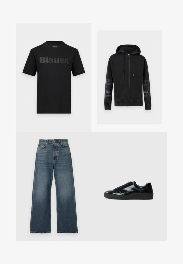 Sweat à capuche noir zippé avec capuche à cordon et motifs floraux de serpent sur les deux manches, poignets et ourlet côtelés, présenté sur un fond blanc.; T-shirt noir à manches courtes avec l'inscription "Blauer." en grandes lettres gris foncé sur la poitrine et un col rond.; Jeans bleus taille haute à jambe large avec poches avant, passants de ceinture et fermeture à bouton, fabriqués en denim à lavage moyen.; Baskets en cuir verni noir avec un bout arrondi, un laçage, une semelle en caoutchouc texturé et une finition lisse.