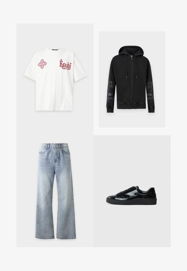 Sweat à capuche noir zippé avec capuche à cordon et motifs floraux de serpent sur les deux manches, poignets et ourlet côtelés, présenté sur un fond blanc.; T-shirt blanc à manches courtes avec un graphisme orné rouge sur la poitrine gauche et un texte décoratif rouge "Ksubi" sur la poitrine droite.; Jean bleu clair taille haute à jambes larges avec poches avant, fermeture à boutons et délavage sur les cuisses et les genoux.; Baskets en cuir verni noir avec un bout arrondi, un laçage, une semelle en caoutchouc texturé et une finition lisse.