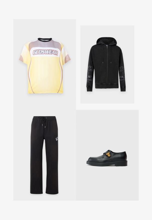 Black zip-up hoodie with drawstring hood and floral snake designs on both sleeves, ribbed cuffs and hem, displayed on a white background.; Short-sleeve crewneck t-shirt with yellow, beige, and white color blocks and "GCDSWEAR" logo across the chest.; Black casual pants with straight legs, elastic waistband, and drawstring, featuring partial white lettering on the right thigh.; Black leather shoe with rounded toe, textured surface, and a slip-on design. Features a gold-tone hardware accent on the side.