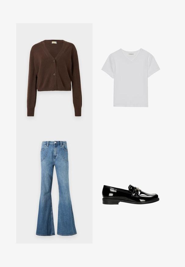 Cardigan brun, court, avec un décolleté en V, des manches longues et trois boutons sur le devant. Texture douce et poignets côtelés.; T-shirt blanc à manches courtes en V, en tissu côtelé. Présente un design épuré avec un ourlet droit et un minimum de détails.; Jean en denim bleu clair taille haute avec jambes larges évasées et poches avant incurvées, présenté sur un fond blanc.; Mocassins en cuir verni noir avec une sangle et des détails en argent, dotées d'une semelle plate et de coutures le long des bords.