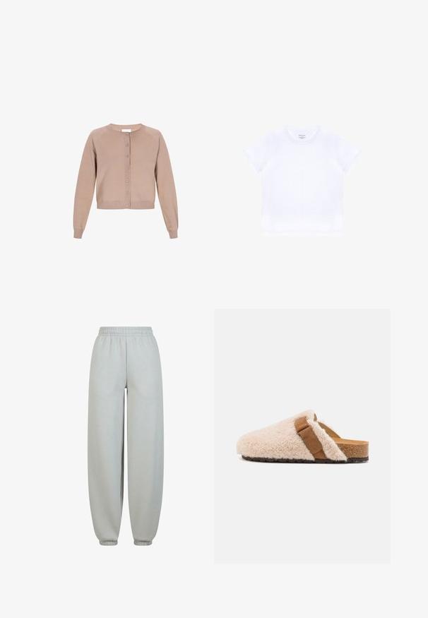 Gilet en laine couleur marron clair avec un col rond, des manches longues et une fermeture à boutons sur le devant. Il présente des poignets et un ourlet côtelés.; T-shirt blanc uni à manches courtes et col rond, avec une petite étiquette à l'intérieur du col, posé à plat sur un fond blanc.; Un pantalon de survêtement gris avec une ceinture élastique, des poignets fuselés et une texture lisse. Ils sont amples sans motifs ni ornements visibles.; Sabots en shearling beige à enfiler avec une sangle en daim marron, semelle en liège et semelle extérieure en caoutchouc texturé, conçus pour le confort et le port décontracté.