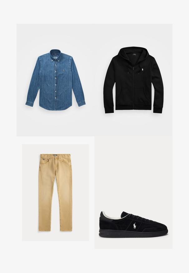 Schwarze Zip-Up-Hoodie aus weichem Stoff, mit einer Vordertasche, verstellbarem Kordelzug an der Kapuze und kleinem gesticktem Logo auf der Brust.; Denimhemd mit langen Ärmeln, Button-Down-Kragen und einem dezenten vertikalen Streifenmuster in einem mittelblauen Farbton mit einem Logo-Akzent.; Beige Baumwolljeans mit schlanker Passform, fünf Taschen-Design und sichtbaren Nähten. Verfügt über einen Metallknopf und ein Etikett am Bund.; Schwarzer Sneaker mit niedrigem Schnitt, schwarzen Schnürsenkeln, weißem Innenfutter und weißem Polo Ralph Lauren-Logo an der Seite und an der Ferse.