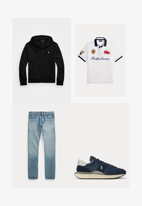 Μαύρο φερμουάρ που hoodie φτιαγμένο από απαλό ύφασμα, με μπροστινή τσέπη, ρυθμιζόμενη κουκούλα με κορδόνια και μικρό κεντημένο λογότυπο στο στήθος.; Άσπρο πόλο με μπλε γιακά και μανσέτες, με κόκκινο κεντητό λογότυπο αλόγου και κείμενο. Περιλαμβάνει χρυσές επιθέματα με αριθμούς και σήματα.; Ανοιχτό μπλε τζιν με ίσια γραμμή, πέντε τσέπες, κούμπωμα με κουμπί και λεπτές ξεβαμμένες λεπτομέρειες γύρω από τους μηρούς και τα γόνατα.; Σκούρο μπλε (ναυτικό) και λευκό αθλητικό παπούτσι με πάνελ σουέτ και υφάσματος, λευκό λογότυπο στο πλάι, λευκή γλώσσα στη φτέρνα και μπεζ σόλα με μαύρο πέλμα.