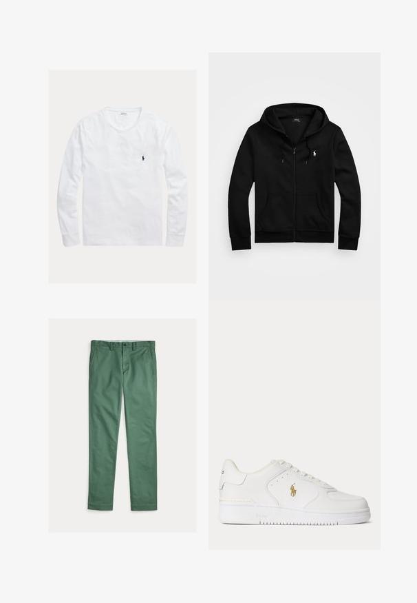 Schwarze Zip-Up-Hoodie aus weichem Stoff, mit einer Vordertasche, verstellbarem Kordelzug an der Kapuze und kleinem gesticktem Logo auf der Brust.; Weißes Langarmshirt mit Rundhalsausschnitt und kleinem dunkelblauem Polo Ralph Lauren-Logo, das auf der linken Brust gestickt ist.; Grüne Herrenstoffhose mit geradem Bein, vorderen Taschen, Gürtelschlaufen und Knopfverschluss, flach auf weißem Hintergrund präsentiert.; Weißer Leder-Sneaker mit niedrigem Schnitt, weißen Schnürsenkeln und einem goldfarbenen Polo Ralph Lauren-Logo an der Seite sowie "Polo" auf der Sohle geprägt.