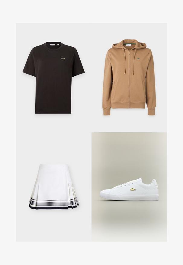 Sweat à capuche marron zippé avec cordons, poches latérales, poignets côtelés et petit logo crocodile vert brodé sur la poitrine.; T-shirt en coton noir avec un col rond, des manches courtes, et un petit logo Lacoste vert sur le côté gauche de la poitrine. Texture douce, coupe décontractée.; Jupe blanche plissée avec des rayures horizontales noires près de l'ourlet et un petit bouton sur la taille, présentée sur un fond uni.; Baskets blanches en cuir lisse avec un embout arrondi, des lacets plats et un petit logo doré. Présente une semelle en caoutchouc texturée et un design sobre.