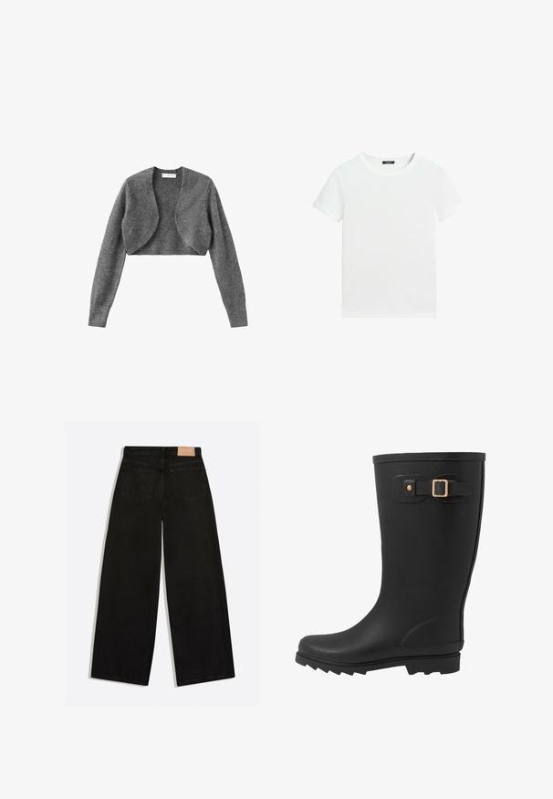 Grå cropped cardigan lavet af blødt, tekstureret stof. Har lange ærmer og en rund halsudskæring med et åbent frontdesign.; Almindelig hvid T-shirt med korte ærmer, rund halsudskæring og lille sort label inden i kraven.; Sorte vidde jeans set bagfra med to baglommer og en brun lædermærke på linningen.; Sort gummistøvle med rund tå, tekstureret sål og en sidestrapdetalje med en guldspænde akcent.