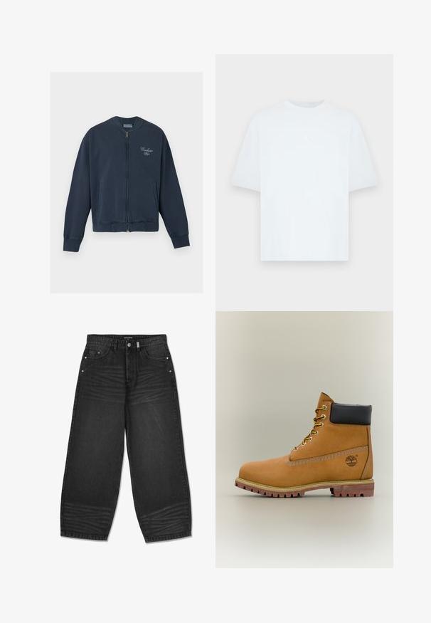 Carhartt WIP LONGHAND - Blouson Bomber - carbon/white; T-shirt bleu clair à manches courtes en coton avec un col rond. Présente un petit logo Jordan blanc sur la poitrine.; Jean large en denim noir avec taille haute, cinq poches, légers effets de décoloration et surpiqûres ton sur ton. Accents en métal argenté inclus.; Bottine en cuir marron avec col noir, lacets jaunes et semelle beige. Présente un logo et des détails de couture blanche. Semelle extérieure à traction robuste.
