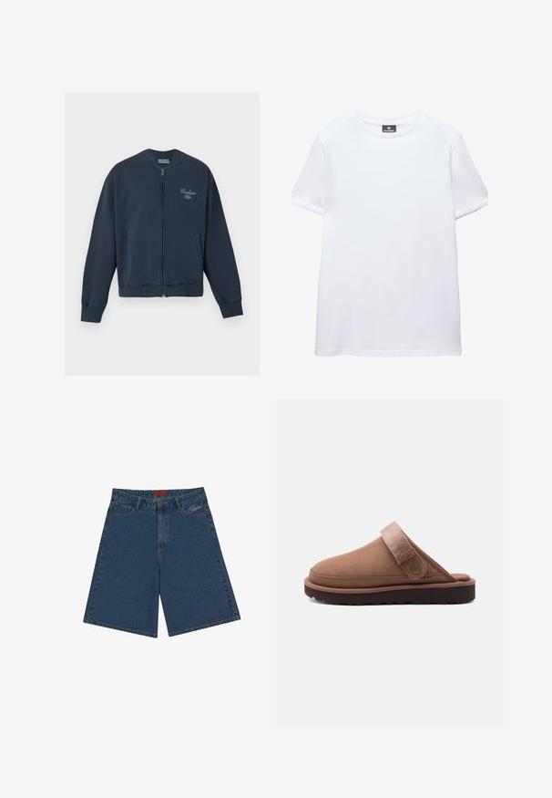 Carhartt WIP LONGHAND - Bomberjacks - carbon/white; Effen wit T-shirt met korte mouwen en een ronde hals met een zwart Pull&Bear-label aan de binnenkant van de kraag, afgebeeld op een witte achtergrond.; Donkerblauwe denim shorts met een middelhoge taille, drukknoopsluiting, zakken aan de voorkant en geborduurd logo aan de linkerkant.; Bruine insteekklomp met verstelbare stoffen riem en metalen knoop, voorzien van een dikke zwarte robuuste zool voor buitengebruik.