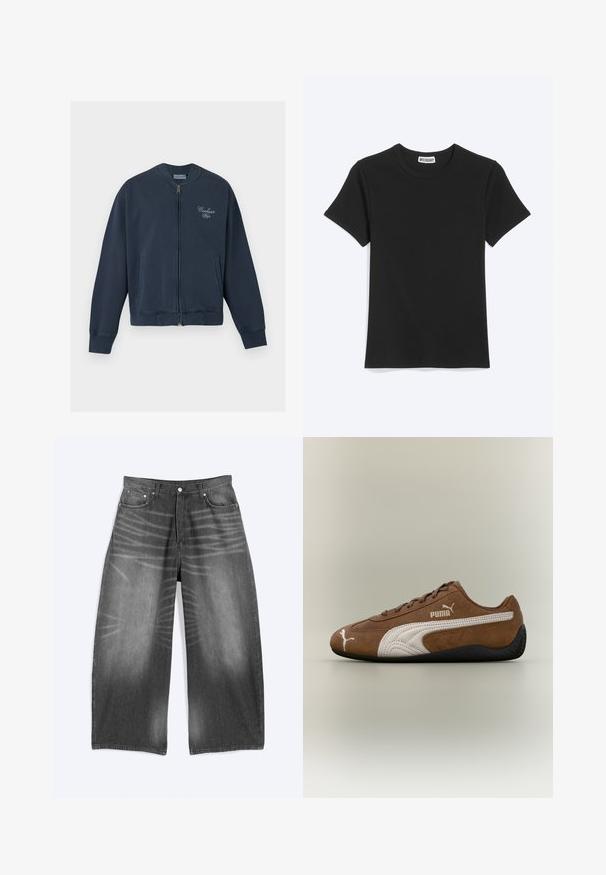 Carhartt WIP LONGHAND - Blouson Bomber - carbon/white; T-shirt noir uni à manches courtes et col rond avec une étiquette de la marque Weekday à l’intérieur du col, présenté sur fond blanc.; Jean en denim noir délavé à jambes larges avec poches avant et fermeture à boutons, présenté à plat sur fond clair.; Baskets en daim marron avec des accents blancs et un design texturé. Elles disposent d'une semelle en caoutchouc noire et d'un logo Puma proéminent sur le côté.