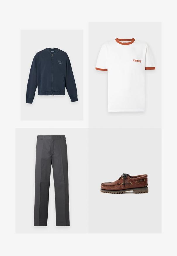 Carhartt WIP LONGHAND - Bomberjakke - carbon/white; Hvid bomulds-T-shirt med orange ribbet halsudskæring og ærmekanter. Har et lille, rødt Carhartt-logo på venstre bryst.; Mørkegrå bukser med lige ben, flad front og uden synlige lommer, vist på en ensartet hvid baggrund.; Brune læder bådsko med struktureret overdel, sorte snørebånd og gyldne øjer. Har en holdbar, rillede gummisål.
