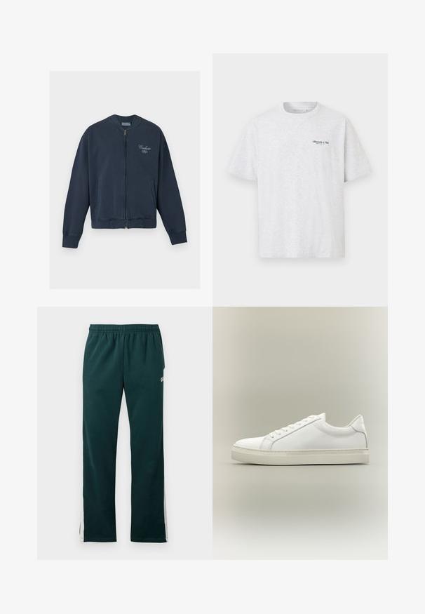 Carhartt WIP LONGHAND - Bomberjakke - carbon/white; Lysegrå T-shirt med crew neck, korte ærmer og lille sort "Abercrombie & Fitch New York, NY" logo på venstre bryst.; Mørkegrønne sweatpants med elastisk hænger og hvide striber, der løber ned ad ydersiden af benene.; Hvid lavtop sneaker med snørebånd foran og tyk sål, vist fra siden mod en neutral baggrund.