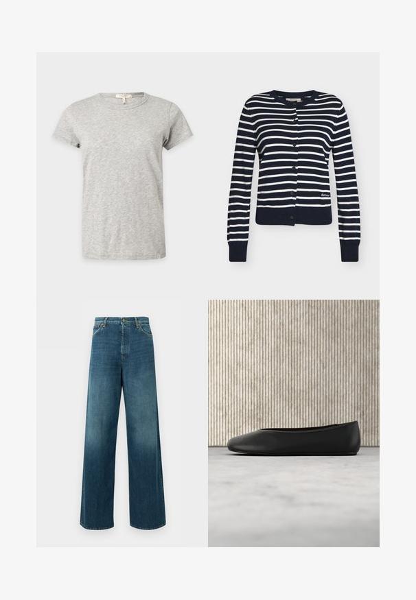 Cardigan bleu marine avec rayures horizontales blanches, col rond, fermeture à boutons, manches longues et logo Barbour sur le bas devant.; T-shirt gris clair à manches courtes et col rond avec un motif chiné subtil affiché sur un fond uni.; Jean denim bleu à jambes larges, taille haute, fermeture devant par bouton et zip, et poches avant sur fond uni.; Ballerine en cuir noir avec un bout arrondi, texture lisse et un accent logo doré sur le côté. Placée au-dessus d'une surface réfléchissante.