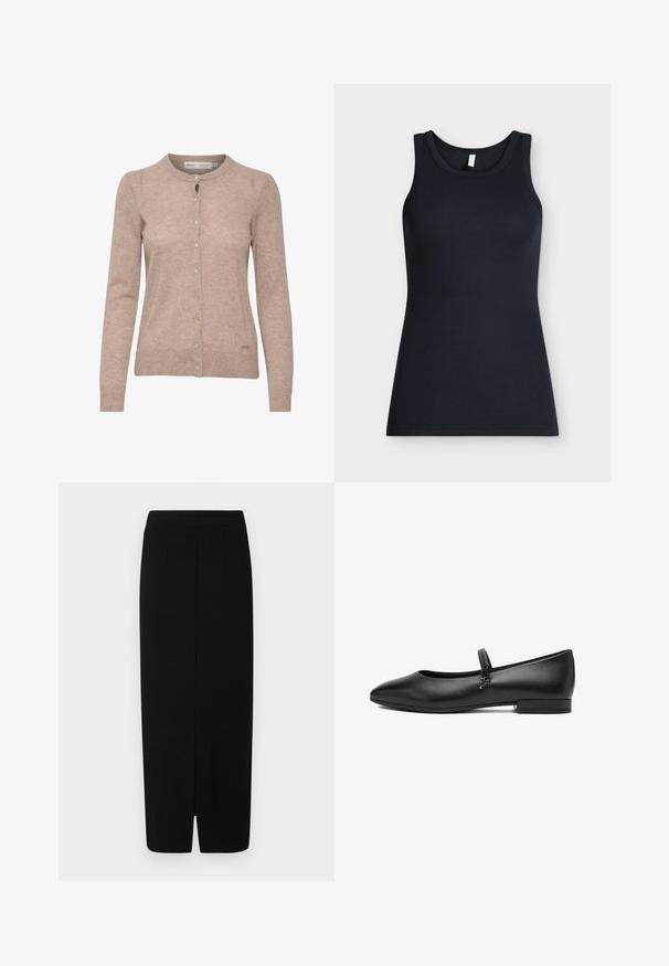 Beige cardigan med rund hals, knaplukning foran og lange ærmer. Blød tekstur med subtil ribning. Har farvede knapper.; Sort ærmeløs ribstrikket tanktop med rund halsudskæring, vist fladt mod en lys baggrund.; Sort blyantskørt lavet af glat stof, med høj talje, to frontfoldninger og en slids i kanten for bedre bevægelsesfrihed.; Sort læder Mary Jane flad sko med en tynd rem og lille vedhæng på en hvid baggrund.