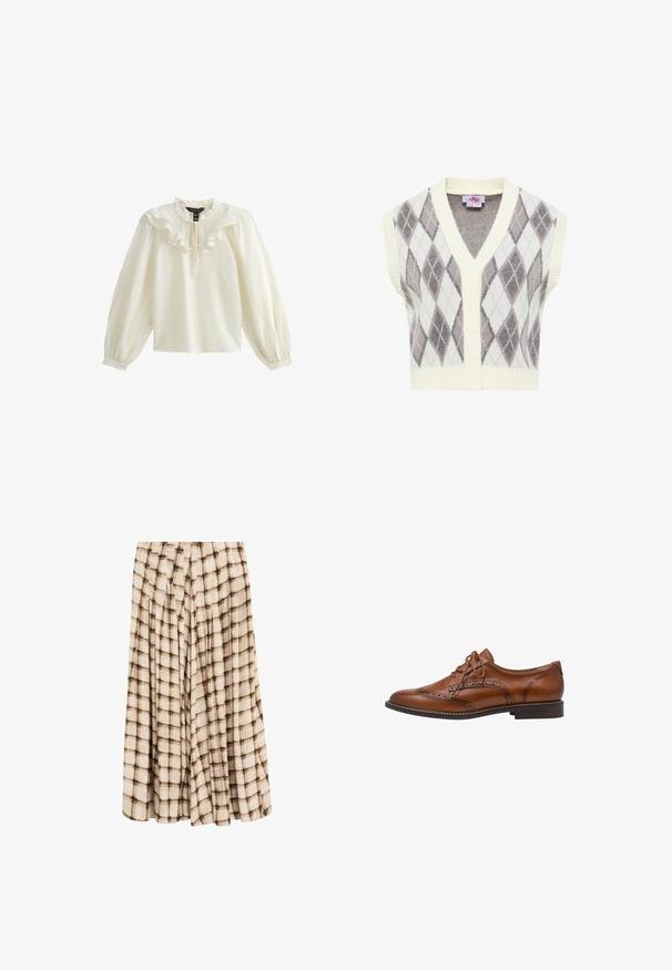 Mouwloos gebreid vest met grijs-wit argyle patroon, V-hals, knoopsluiting aan de voorkant en geribde afwerking aan kraag en zoom.; Witte blouse met lange mouwen, volants bij de halslijn en een zachte textuur; heeft een strik bij de kraag en gathered pofmouwen.; Beige midi-rok met bruin geruit patroon en geplooid stoffen ontwerp.; Bruine leren brogue oxford schoen met wingtip-details, perforaties, veters en lage gestapelde hak op een witte achtergrond.