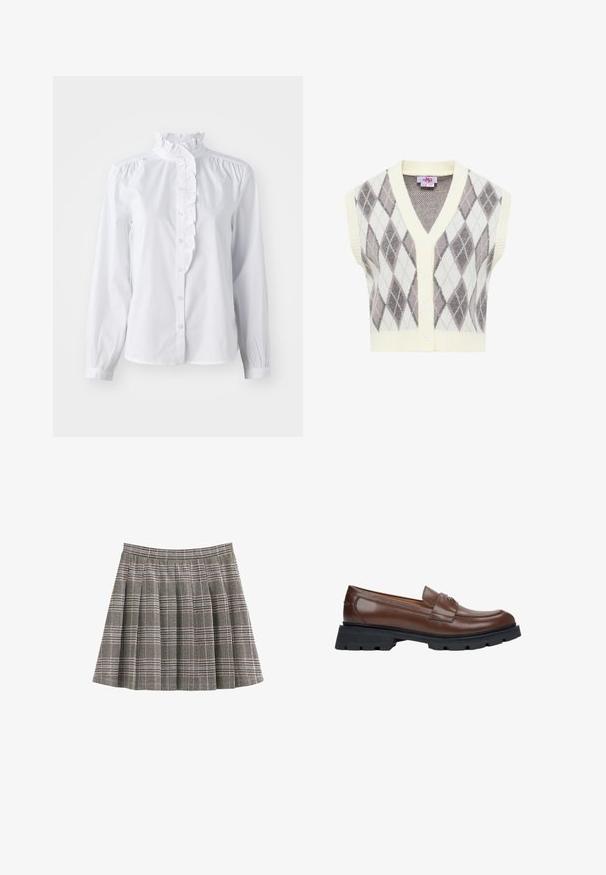 Gilet sans manches en maille avec motif losanges gris et blanc, col en V, fermeture à boutons sur le devant et bord-côtes au col et à l'ourlet.; Chemise blanche à manches longues, avec un col haut froncé et un accent de volants verticaux à l'avant. Tissu en coton léger.; Jupe à carreaux en noir, blanc et gris avec des plis et une ceinture ajustée. Texture unie avec un motif tartan classique sur toute la surface.; Mocassins en cuir marron avec une semelle plate en caoutchouc noir. Présentent un design de chaussure cousu et une petite sangle décorative sur le dessus.