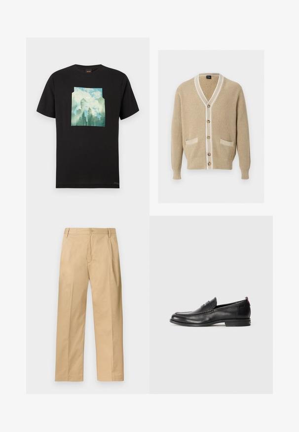 Cardigan beige en maille avec fermeture à boutons sur le devant, deux poches devant, encolure en V et bordure blanche autour du col et de la patte de boutonnage.; T-shirt en coton noir avec un motif graphique représentant un paysage bleu et vert, incluant des arbres et des nuages, centré sur le devant.; Pantalon chino beige à jambe droite avec fermeture par boutons et zip, passants pour ceinture et poches latérales, étalé à plat sur un fond blanc.; Mocassins en cuir noir avec un bout arrondi, des détails cousus et un petit accent rouge au niveau du talon. Semelle en caoutchouc à profil bas.