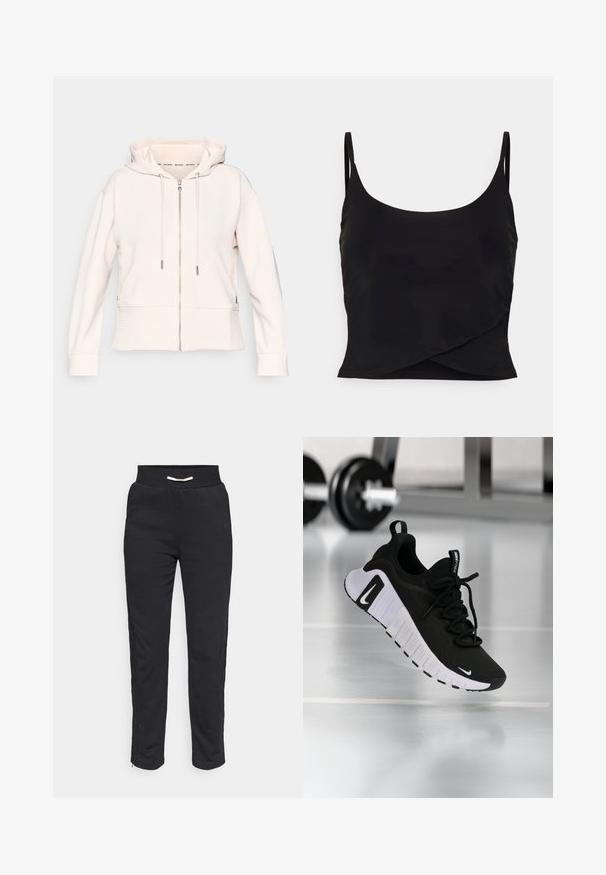 Sudadera con cremallera de color rosa claro con una textura ribeteada sutil, cordones ajustables y bolsillos laterales. Tejido suave, corte relajado y diseño con capucha.; Even&Odd active Top - black; Pantalones deportivos negros de tejido suave, con una cinturilla acanalada y franjas laterales, y un zipper en el dobladillo para un ajuste ajustable.; Zapatilla deportiva negra con parte superior de tela texturizada, suela blanca y sistema de cordones prominente. Presenta un logo de Nike y un diseño suave y acolchado.