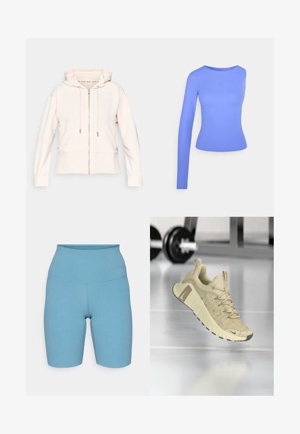 Lichtroze hoodie met rits, subtiele ribbelstructuur, verstelbare koordjes en zijzakken. Zachte stof, relaxte pasvorm en capuchonontwerp.; Blauw shirt met lange mouwen gemaakt van gladde stof. Heeft een ronde halslijn en een nauwsluitend silhouet met één mouw van volledige lengte.; Hoge taille blauwe shorts van rekbare stof, met platte naden en een gladde afwerking, ontworpen voor comfort en bewegingsvrijheid.; Beige sportieve schoen met een gestructureerde bovenkant, brede zool en bruine accenten. Beschikt over een vetersluiting en een prominent merkembleem.