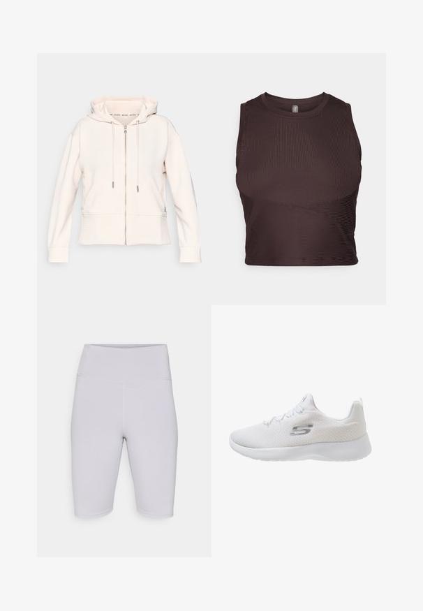 Sudadera con cremallera de color rosa claro con una textura ribeteada sutil, cordones ajustables y bolsillos laterales. Tejido suave, corte relajado y diseño con capucha.; Top corto de canalé marrón oscuro con tirantes anchos, escote redondo y diseño sin costuras. Presenta una silueta ajustada y tela elástica para mayor comodidad.; Bermudas de ciclismo gris claro, fabricadas con un tejido elástico, con una cinturilla alta y una textura suave sin patrones o acentos visibles.; Skechers DYNAMIGHT 2.0 - Zapatillas - white