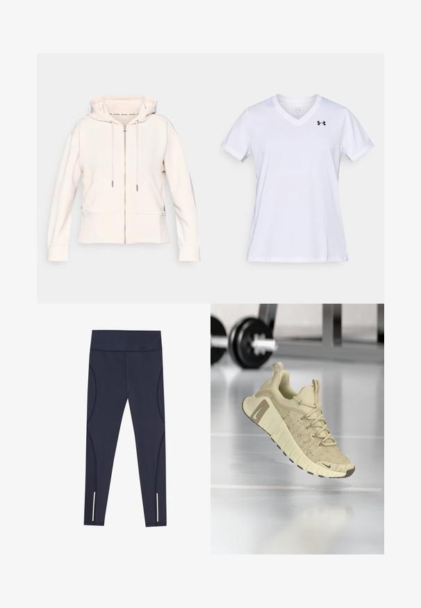 Sweat à zip rose clair avec une texture ribbed subtile, cordons de serrage réglables et poches latérales. Tissu doux, coupe décontractée et design à capuche.; T-shirt blanc à manches courtes avec col en V, fabriqué en mélange de coton, avec un logo noir sur le haut à gauche. Texture lisse et coupe régulière.; Leggings bleu marine en tissu extensible, dotés d'une taille haute et de coutures latérales arrondies, avec des accents réfléchissants au niveau des ourlets des chevilles.; Chaussure de sport beige avec une tige texturée, une semelle large et des accents marron. Comprend un design à lacets et un logo de marque bien en vue.