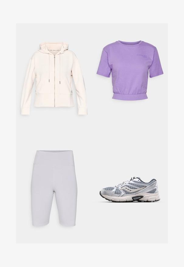 Sweat à zip rose clair avec une texture ribbed subtile, cordons de serrage réglables et poches latérales. Tissu doux, coupe décontractée et design à capuche.; Even&Odd active by Zalando T-shirt basique - lilac; Shorts de cyclisme gris clair en tissu extensible, dotés d'une taille haute et d'une texture lisse sans motifs ni accents visibles.; Bottine de course argentée avec tige en mesh, semelle rembourrée et accents gris. Dotée d'un bout arrondi et d'un design à lacets. Logo de la marque visible.