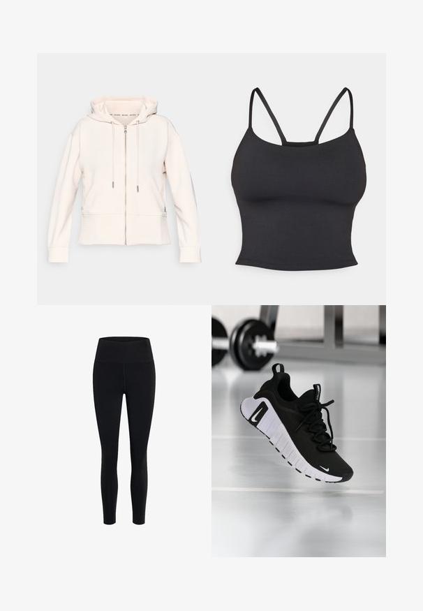 Lys pink zip-up hoodie med en subtil ribbet tekstur, justerbare snore og sidelommer. Blødt stof, afslappet pasform og hætte-design.; Sort tætsiddende camisole lavet af glat stof, med tynde stropper og rund halsudskæring, uden yderligere mønstre eller accenter.; Girlfriend Collective FLOAT HIGH RISE LEGGING 7/8 - Tights - black; Sort atletiksko med en tekstureret stofoverdel, hvid sål og fremtrædende snøresystem. Indeholder en Nike-logo og et blødt, polstret design.