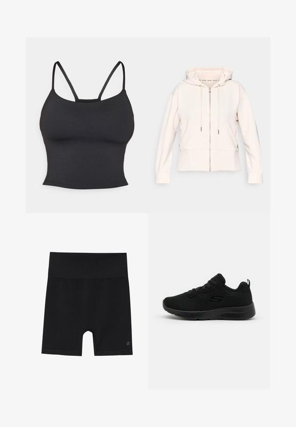Lys pink zip-up hoodie med en subtil ribbet tekstur, justerbare snore og sidelommer. Blødt stof, afslappet pasform og hætte-design.; Sort tætsiddende camisole lavet af glat stof, med tynde stropper og rund halsudskæring, uden yderligere mønstre eller accenter.; Sorte sporty shorts med en bred elastisk talje, lavet af et glat, strækbart stof. Har et lille logo nederst til højre.; Sorte atletiske sneakers med en mesh overdel, polstret krave, snørebåndsdesign og en tekstureret gummisål. Enkel og strømlinet silhuet.