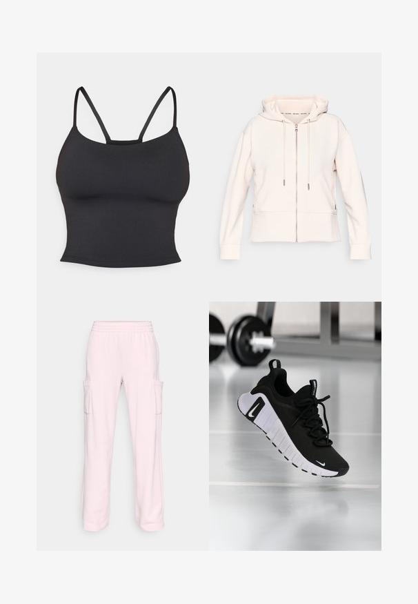 Lys pink zip-up hoodie med en subtil ribbet tekstur, justerbare snore og sidelommer. Blødt stof, afslappet pasform og hætte-design.; Sort tætsiddende camisole lavet af glat stof, med tynde stropper og rund halsudskæring, uden yderligere mønstre eller accenter.; Lyserøde joggingbukser med elastik i taljen, to sidelommer og en afslappet pasform; lavet af blødt, struktureret stof.; Sort atletiksko med en tekstureret stofoverdel, hvid sål og fremtrædende snøresystem. Indeholder en Nike-logo og et blødt, polstret design.