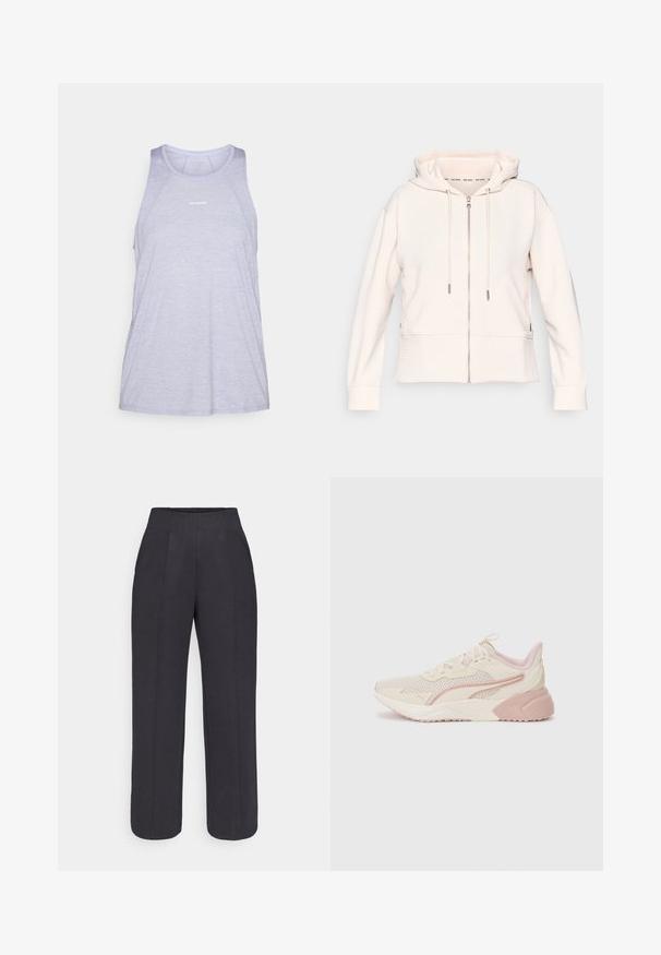Lys pink zip-up hoodie med en subtil ribbet tekstur, justerbare snore og sidelommer. Blødt stof, afslappet pasform og hætte-design.; Lyslilla atletisk tanktop, lavet af åndbart stof, med rund halsudskæring, ærmeløst design og minimal logoaccent.; Sorte bukser med vide ben og høj talje med folder, lavet af et glat stof, der har en ren, skræddersyet silhuet.; Lettsvægt sneakers med et beige og lys pink design, mesh overdel, polstret sål og diskrete logo detaljer på siden.
