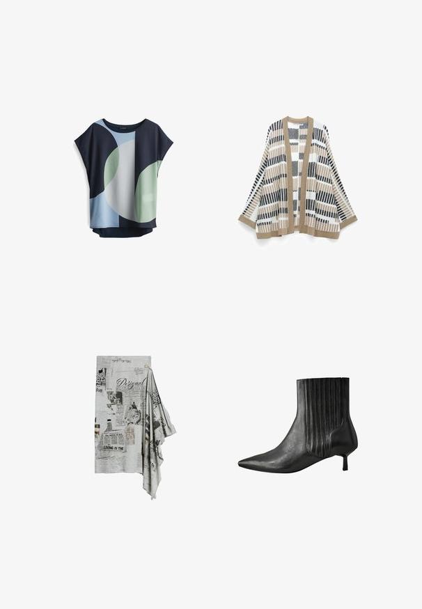 Gebreid vest met een open voorkant, met beige, zwarte en witte horizontale en verticale streeppatronen en beige biezen aan de manchetten en randen.; Korte mouwen blouse in marineblauw, lichtblauw en groen. Heeft abstracte cirkelpatronen en een relaxte pasvorm met een ronde halslijn.; Grijze stof met zwart-wit krantenprint, met tekst, afbeeldingen en het woord "Desigual" prominent weergegeven.; Zwart leren enkellaars met een puntige neus, ribbelontwerp aan de zijkant en een lage, vierkante hak. Gladde textuur met een glanzende afwerking.