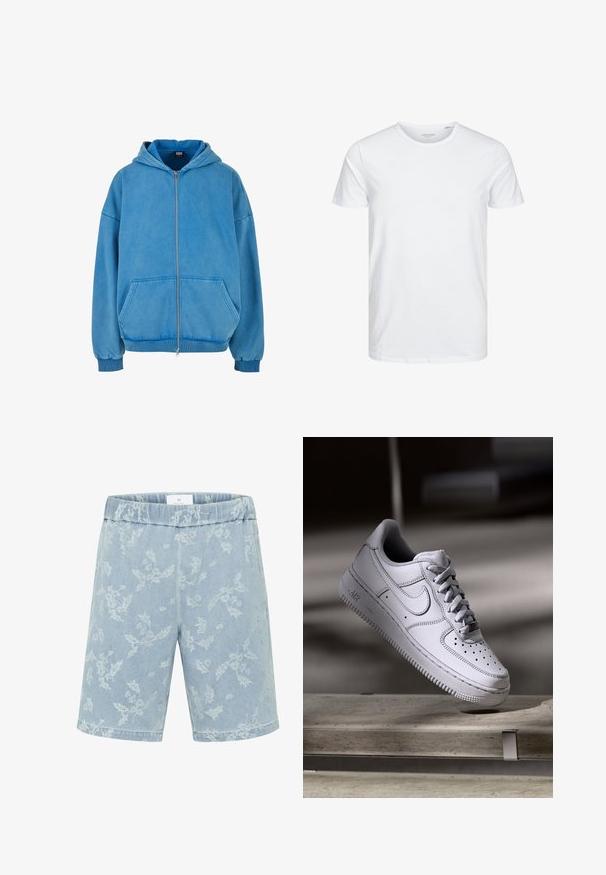 Haut zippé bleu en coton doux avec une coupe décontractée, poches avant et poignets côtelés. Il dispose d'une capuche avec une doublure intérieure contrastante.; T-shirt à col rond à manches courtes de couleur blanche unie, fabriqué en coton doux, avec un design simple sans motifs ni accents visibles.; Shorts en denim bleu clair avec un motif floral subtil, taille élastique et coupe droite. Pas de poches visibles.; La basket Nike Air Force 1 en cuir blanc présente un embout perforé, des lacets plats et une semelle en caoutchouc texturée avec le logo « AIR » sur le côté.